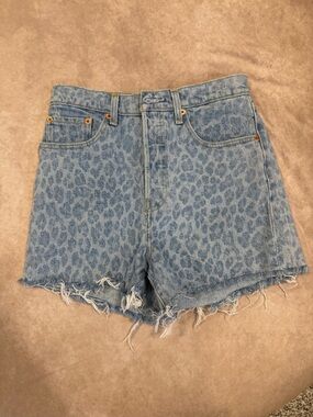 Women's Light Blue Leopard Print Denim Shorts by